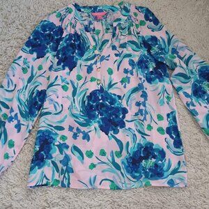 Lilly Pulitzer Large Silk Blouse Pink Blue Floral Long Sleeve Gold Buttons